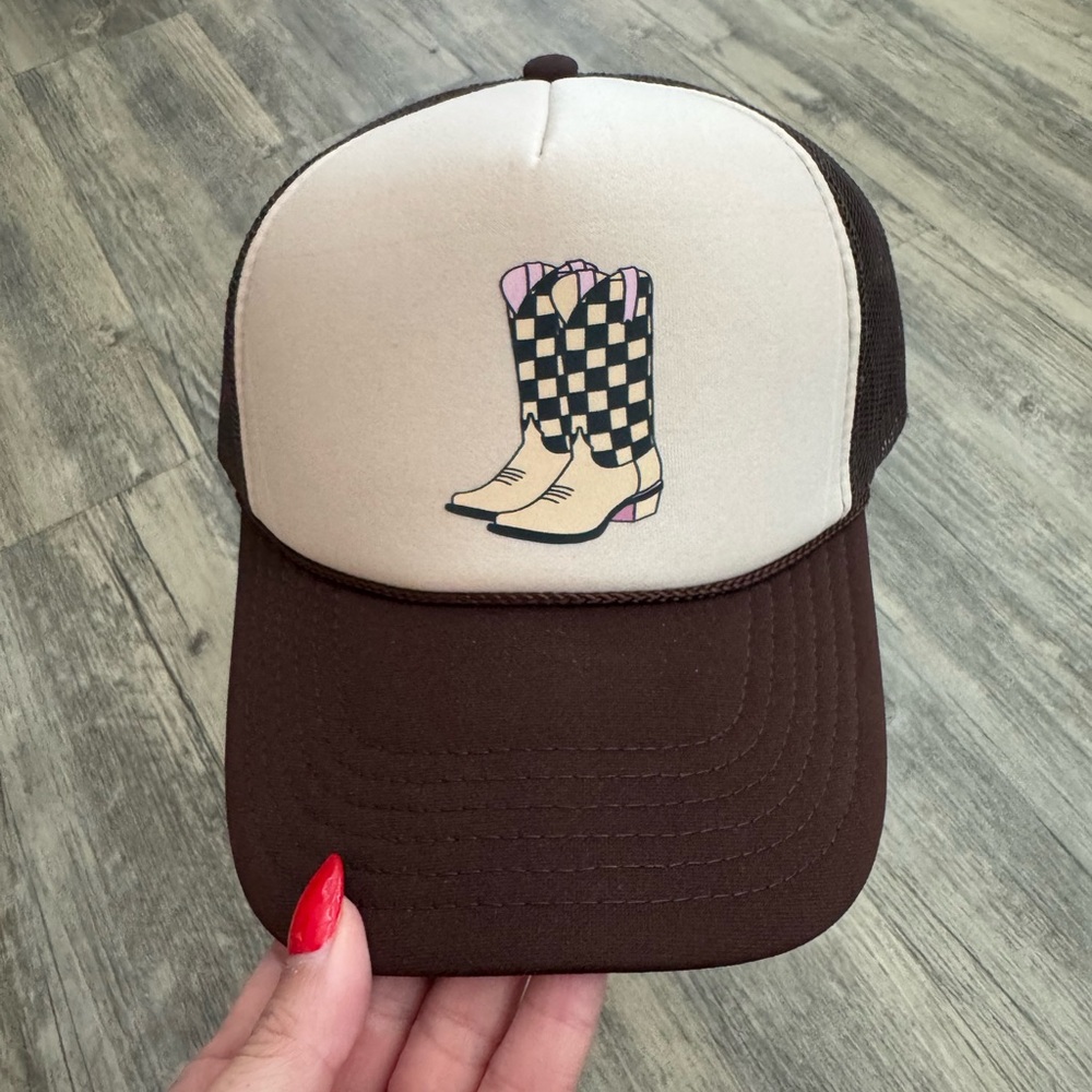 Brown and Cream Trucker Cap with Checkerboard Cowboy Boot